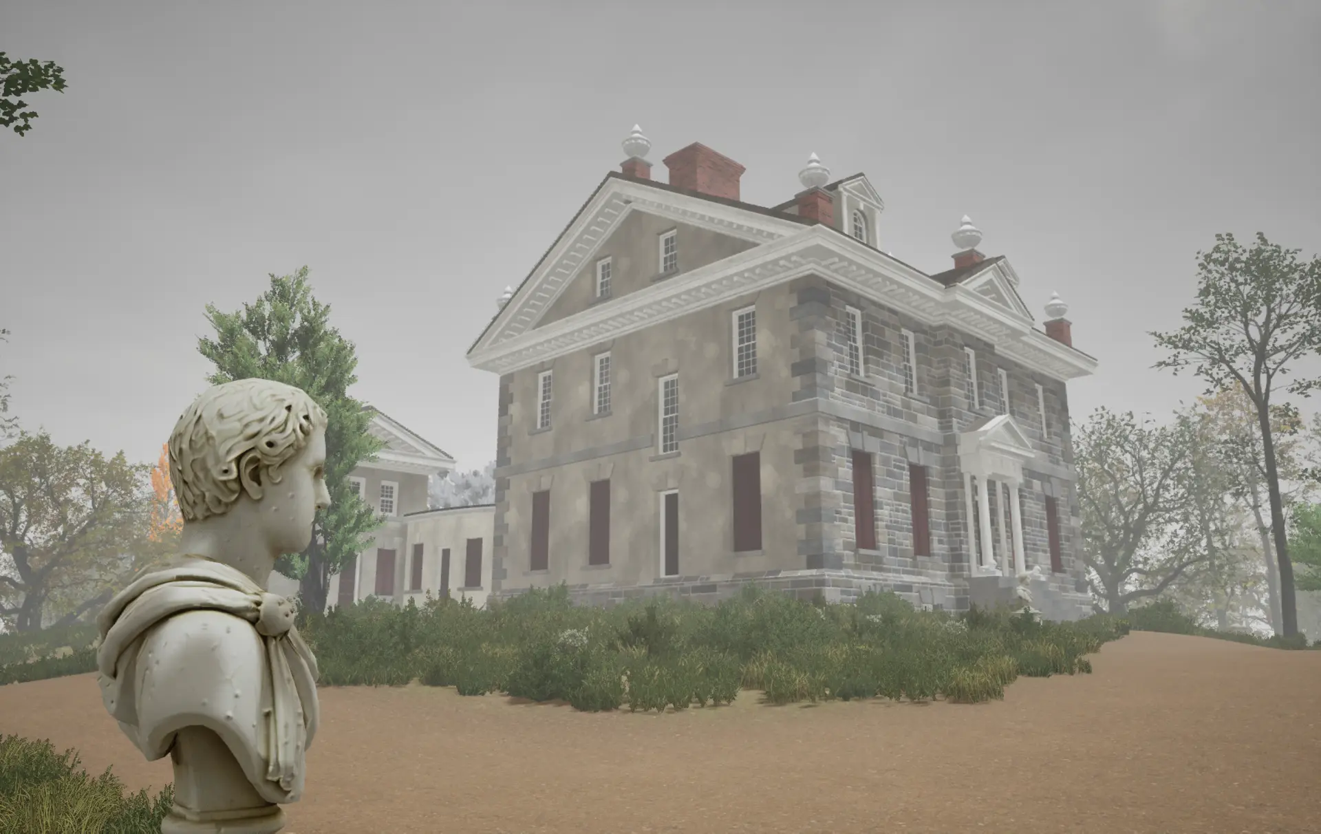 Cliveden mansion in fog, from the Through the Fog VR scene